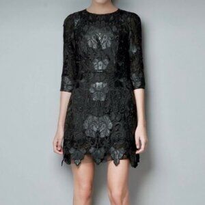 NWT ZARA WOMAN Limited Edition Black Lace Faux Leather Mini Dress — Size M